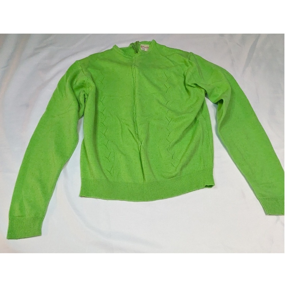 Ellen Gale Sweater Women 40 Lime Green Good Vintage Pointelle Mock Neck Zipper